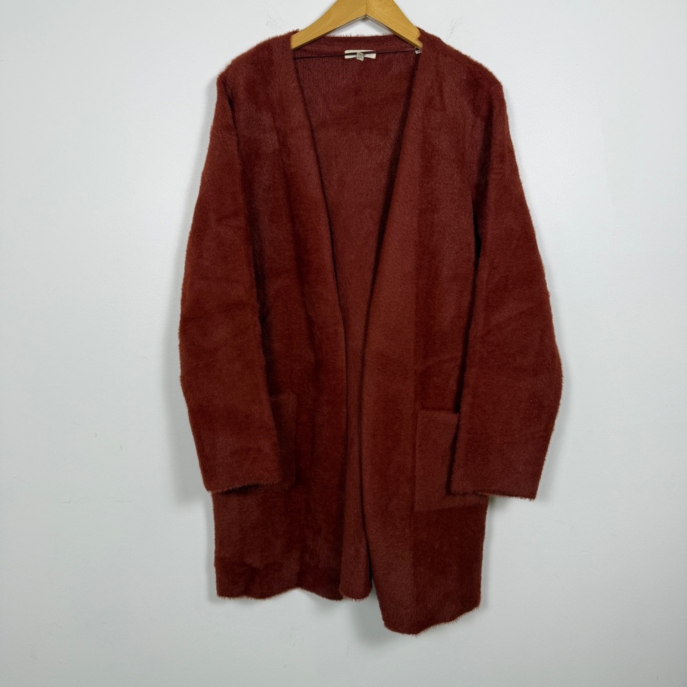 Max Studio London Fuzzy Open Front Cardigan Sweater Rust Orange Brick Red Size L
